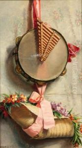 Nature Morte Au Tambourin, Au Chapeau De Paille Et Au Bouquet De Fleurs by Marie Felix Hippolyte-Lucas