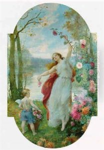 Jeune Femme Et Amour Cueillant Les Fleurs by Marie Felix Hippolyte-Lucas