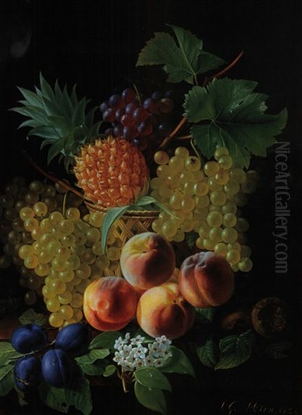Stilleben Mit Fruchtkorb, Trauben, Pfirsichen, Pflaumen Und Ananas - view 1