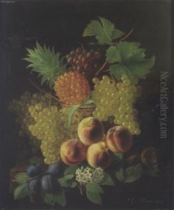 Corbeille De Vannerie Avec Fruits: Ananas, Peches, Prunes Et Grenades Sur Un Entablement