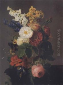 Bouquet Of Flowers In An Urn On A Black Stone Ledge