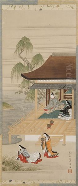 Imperial Household With Three Female Figures And One Gentleman Seated On A Veranda With A Willow Tree - view 1