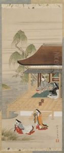 Imperial Household With Three Female Figures And One Gentleman Seated On A Veranda With A Willow Tree