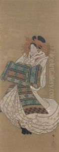 Une Orant Debout Vetue D'un Kimono Blanc Avec Un Obi Vert A Decor De Fleurs