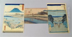 The Far Bank Of The Oi River At Kanaya, From The Series Of The Fifty Three Stations Of The Tokaido, Together With Two Views Of Fuji, Possibly From Thirty Six Views Of Mount Fuji(3 Works) by Utagawa or Ando Hiroshige