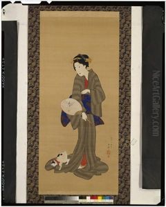 Beauty Holding A Fan And Cat by Utagawa or Ando Hiroshige