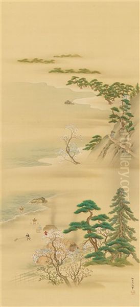 A Pair Of Hanging Scrolls Depicting A Sea Coast With Blossoming Cherry Trees, Salt Gatherers And Salt Burning Huts, And Red Maple Trees, Fishing Boats And Huts - view 1