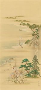 A Pair Of Hanging Scrolls Depicting A Sea Coast With Blossoming Cherry Trees, Salt Gatherers And Salt Burning Huts, And Red Maple Trees, Fishing Boats And Huts by Sumiyoshi Hirotsura