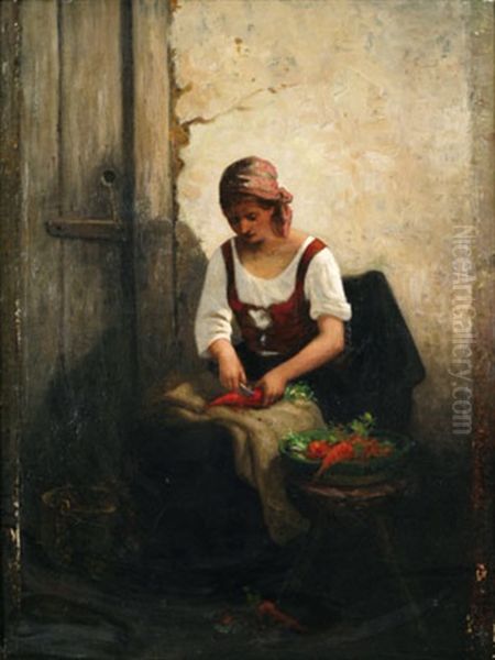 Woman Peeling Vegetables - view 1