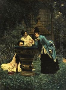 Deux Femmes Et Enfant Dans Un Jardin Japonisant