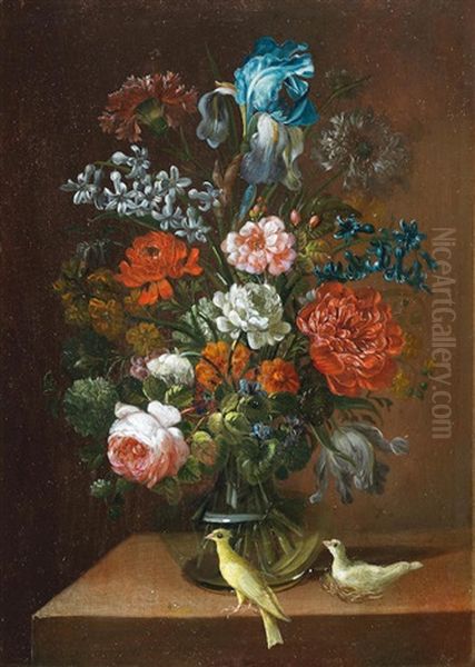 An Iris, Roses, Carnations And Other Flowers In A Glass Vase With Birds On A Stone Ledge - view 1
