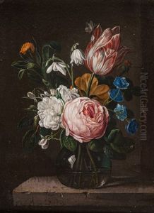 Stilleben Mit Blumen In Einer Glasvase Auf Steinpodest