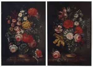 Flowers In Crystal Vases (a Pair) by Caspar Hirschel