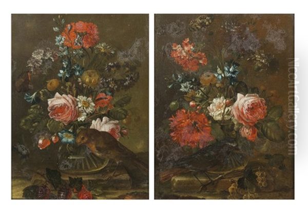 Bouquet De Fleurs Avec Un Oiseau, Un Papillon Et Du Raisin; Bouquet De Fleurs Avec Un Oiseau, Un Papillon Et Des Mures Sauvages (2 Works) - view 1