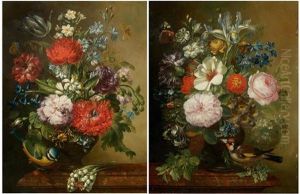 Pair Of Works: Floral Arrangements In Glass Vases On A Marble Slab by Caspar Hirschel