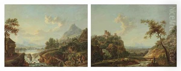 A Mountainous River Landscape With Cowherds Watering Their Cattle Near A Stream, A Castle Beyond (+ A Mountainous Riverlandscape With Figures On A Track Near A Waterfall; Pair) - view 1