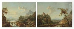 A Mountainous River Landscape With Cowherds Watering Their Cattle Near A Stream, A Castle Beyond (+ A Mountainous Riverlandscape With Figures On A Track Near A Waterfall; Pair) by Friedrich Wilhelm Hirt
