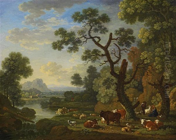 Viehhirte Mit Seiner Herde Am Fluss - view 1