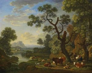 Viehhirte Mit Seiner Herde Am Fluss by Friedrich Wilhelm Hirt
