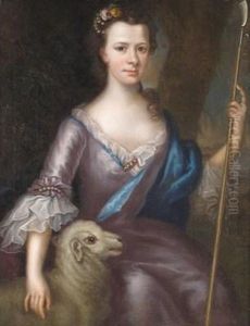 Portrait Of A Girl, Three-quarter Length Seated In A Landscape Dressed As A Shepherdess, A Lamb At Her Side by Thomas Bardwell