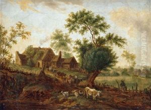 Idyllische Sommerlandschaft Mit Austrieb Der Viehherde Vor Einem Gehoft