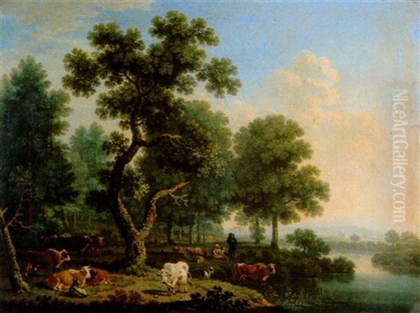 Flusslandschaft Mit Hirtenfamilie Und Weidenden Schafen, Ziegen Und Kuhen - view 1