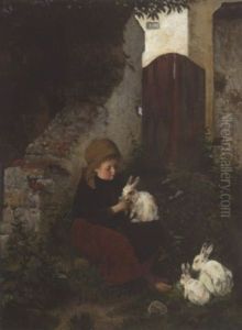 Kleines Madchen Mit Kaninchen Hinter Dem Haus by Heinrich Hirt