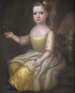Portrait Of A Girl, Full Length, Seated In A Landscape, Wearing A Yellow Dress, A Bird Perched On Her Finger
