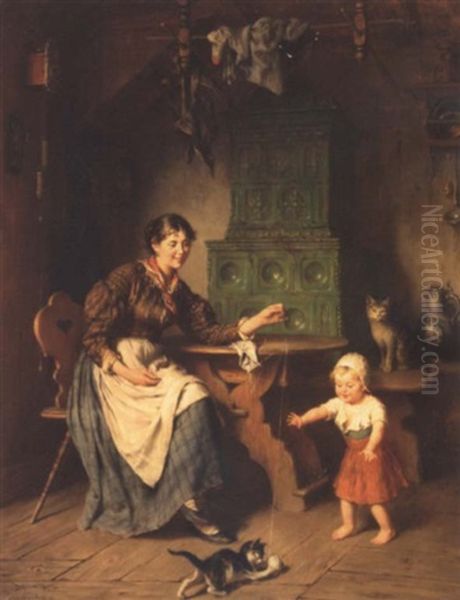 Interior With Mother, Child And Kittens - view 1