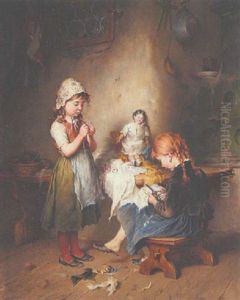 Puppenschneiderei: Zwei Kleine Madchen Bei Eifriger Naharbeit by Heinrich Hirt