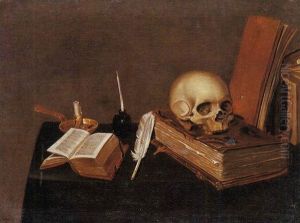 A Vanitas Still Life With A Candle, An Inkwell, A Quill Pen, A Skull And Books