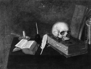 A Vanitas Still-life With Writing Paraphernalia And A Skull by Michael Conrad Hirt