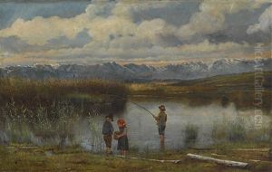 Kinder Am Ufer Eines Moorweihers In Vorgebirgslandschaft