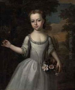 Portrait Of A Young Girl, Three-quarter-length, In A Grey Dress With A Basket Of Flowers In A Landscape