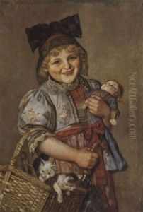Madchen In Tracht Mit Puppe Und Katzchen Im Korb by Rudolf Hirth Du Frenes
