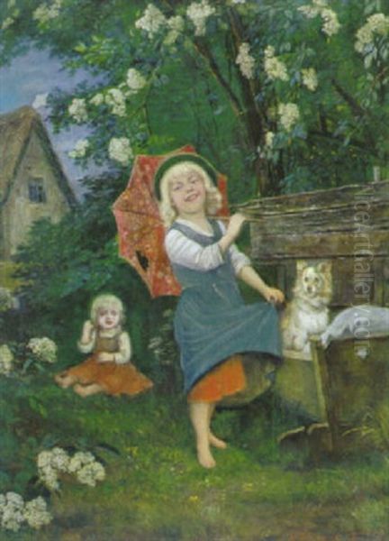 Zwei Spielende Madchen Unter Dem Bluhenden Holunderbusch - view 1