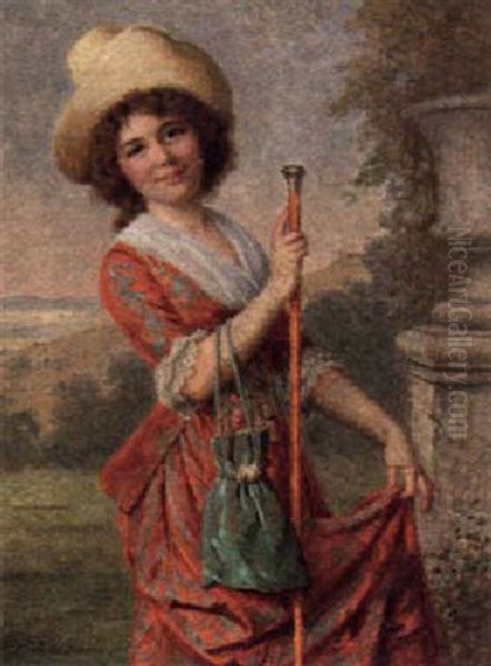 Portrait Of A Young Girl In A Rust Coloured Dress, Holding A Cane - view 1