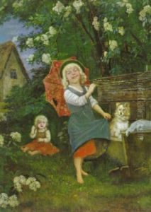 Zwei Spielende Madchen Unter Dem Bluhenden Hollunderbusch Mit Einem Hundchen In Der Wiege Zwei Spielende Madchen Unter Dem Bluhenden Hollunderbusch Mit Einem Hundchen In Der Wiege