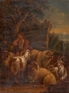 Hirtin Mit Ihrer Ziegen- Und Schafherde by Heinrich Hirzel