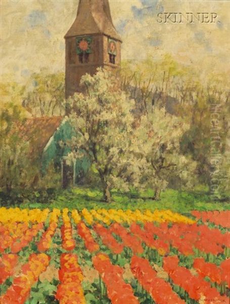 Tulip Fields With Orchard And Clock Tower - view 1