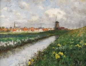 Dutch Landscape: Windmill And Daffodils