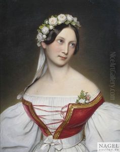 Bildnis Einer Jungen Dame In Weisem Kleid Und Rotem Bustier Als Huftbildnis Nach Rechts