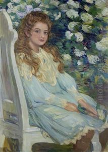 Portrait Of A Girl, Seated, Wearing A Blue Dress by Dora Hitz