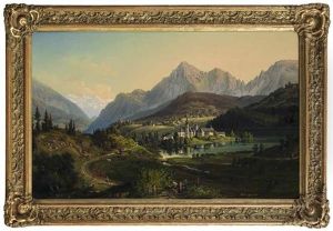 Blick Auf Die Stiftskirche Von Hoglworth Mit See, Berglandschaft Und Personenstaffage Im Berchtesgadener Land (rupertiwinkel)