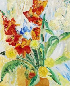 Blomsterstilleben Med Gladiolus, Astrar Och Ormbunkar