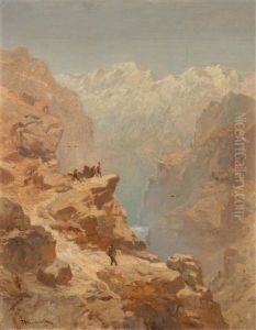 Mountain Massif With Mountain Climbers On A Rocky Ledge by Anton Hlavacek