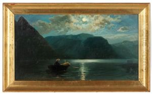 Landschaft Mit See Und Ruderboot Im Mondschein, Im Salzkammergut by Anton Hlavacek