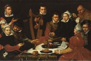 Elegant Figures At A Table Singing And Playing Music by Dirck Barendsz.