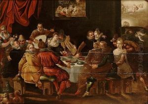 An Elegant Company Feasting And Making Music In An Interior, With The Resurrection Beyond