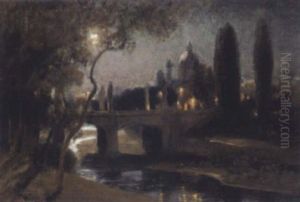 Die Elisabethbrucke, Im Hintergrund Karlskirche, Bei Nacht by Anton Hlavacek